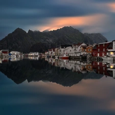 Mountains, Houses, Sky, port, evening, lake