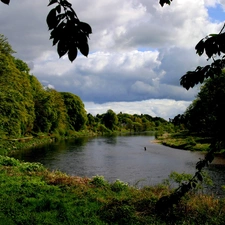 River, cloudy, Sky, green