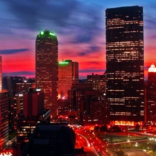 skyscrapers, light, Sky, clouds