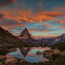 Sky, water, sun, Mountains, west