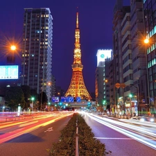 tower, Tokio, Street, Tower, Japan, skyscraper, Night