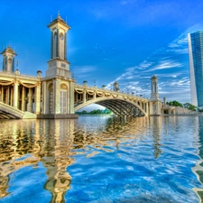 skyscraper, bridge, River