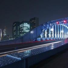 skyscrapers, Floodlit, bridge