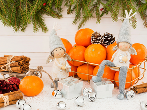 cones, cinnamon, composition, sledge, angels, Christmas, mandarin, Twigs, boarding, basket, Two cars, gifts