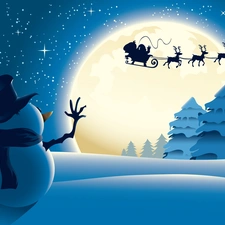 viewes, Snowman, sleigh, Santa, moon, trees