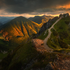 peaks, Slovakia, Way, illuminated, Mountains