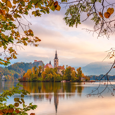 trees, Blejski Otok Island, Church, branch pics, Mountains, Slovenia, Lake Bled, autumn, viewes, Fog