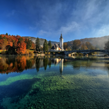 autumn, trees, Mountains, Great Sunsets, Church, Bohinj Lake, viewes, Slovenia, clouds, bridge