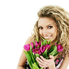 Blonde, tulips, Smile, bouquet