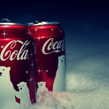 Cans, cola, snow, Coca