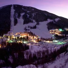 Town, Night, snow, Mountains