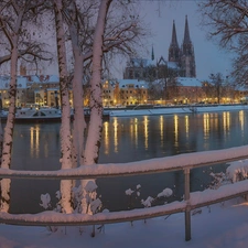 winter, Regensburg, snow, River, fence, Fance, trees, viewes, chair