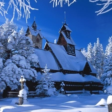 Church, winter, snow, cemetery