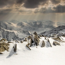 snow, winter, sun, Mountains, rays