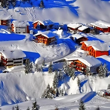 Snowy, Houses, Mountains, Valley, winter