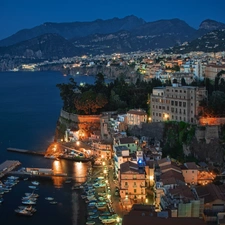 sea, Town, City at Night, Sorrento, Italy, Sky, port