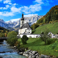 Ramsau bei Berchtesgaden, Church of St. Sebastian, Germany, River Ramsauer Ache, Bavaria, Berchtesgaden National Park, Alps Mountains, bridge