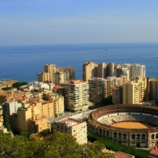 Stadium, sea, Malaga, Town, Spain