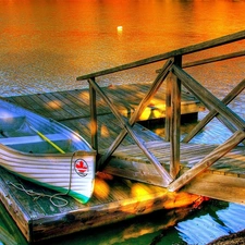 sun, lake, Stairs, Boat, pier, west