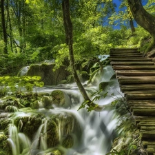 forest, waterfall, VEGETATION, Moss, Stairs, Plitvice Lakes National Park, Coartia, wood