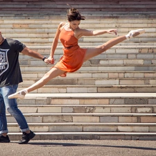 Stairs, dance, Ballet, a man, Women