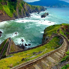 Stairs, sea, Mountains