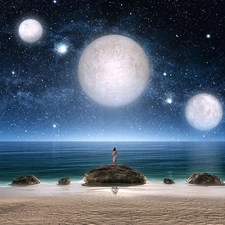 Planets, Stones, sea, rocks, girl, star, fantasy