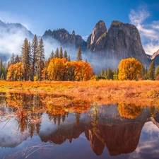 California, The United States, Yosemite National Park, Mountains, River, reflection, trees, viewes, autumn