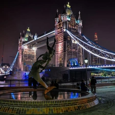 Night, London, Statue, Tower Bridge, Girl with a Dolphin
