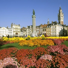 Flowers, People, Statue monument, old town