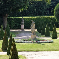 Statue monument, Park Raczynski, viewes, Bush, trees, Rogalin