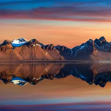 Stokksnes Beach, Mountains, reflection, iceland, Great Sunsets, Vestrahorn mountain