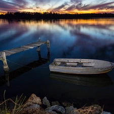 Boat, lake, Stones, Platform