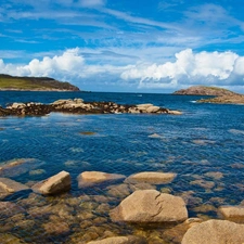 Stones, clouds, Island, Mountains, Coast