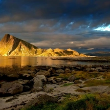 clouds, lake, Stones, Mountains