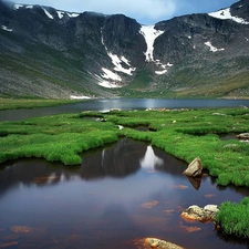 Stones, grass, snow, lake, Mountains