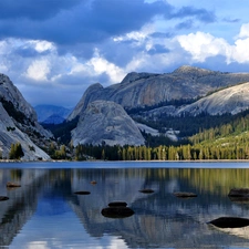 Stones, Mountains, lake