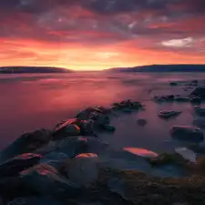 Stones, Sunrise, Lake Tyrifjorden, coast, Norway