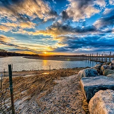 lake, sun, Stones, west