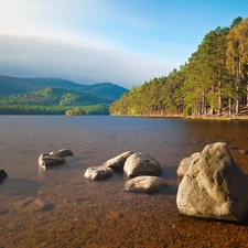 Mountains, lake, Stones, woods