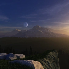 peaks, moon, Stones, Mountains