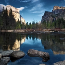 River, forest, Stones, Mountains