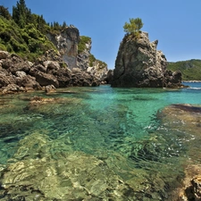 Stones, rocks, Gulf, Motor boat, lake