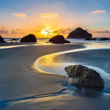 rocks, coast, west, Sand, sea, Stones, sun