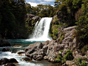 waterfall, viewes, Stones, trees