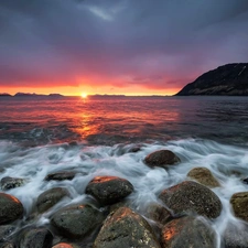 west, lake, Stones, sun