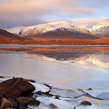 Stones, winter, frozen, lake, Mountains