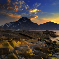 stony, coast, sun, rocks, west