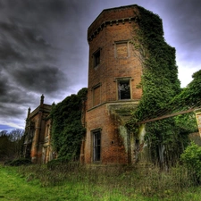 storm, clouds, Covered, flora, ruins