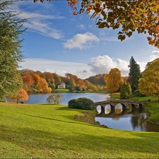 Stourhead, England, bridges, Garden, lake